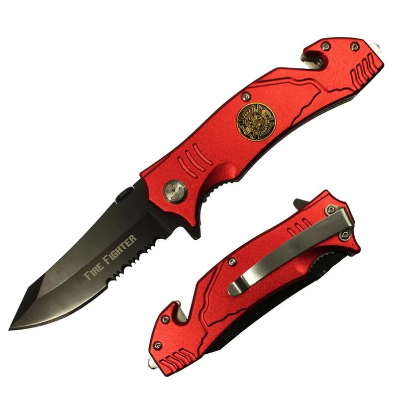 4.5" Red Metal Handle Firefighter Rescue Knife, , large image number 0